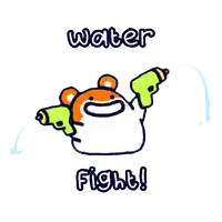 a cartoon of a hamster holding two water guns and the words water fight below it