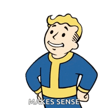 a cartoon character from the video game fallout gives a thumbs up
