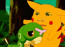 a cartoon of a pikachu holding a green caterpillar .