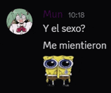 spongebob and a girl are having a conversation on a black screen .