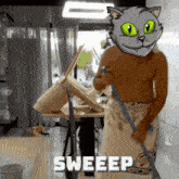 a cartoon cat with green eyes is sweeping a table