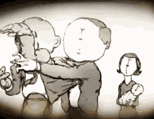 a drawing of a man holding a baby and a woman holding a baby with the letter t on her face