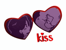 a picture of two hearts with the word kiss in red
