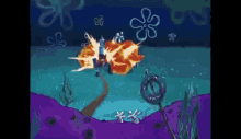 a cartoon of spongebob squarepants driving a spongebob car in the ocean .