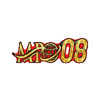 a red and gold logo for mr08 with a globe on it
