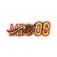 a red and gold logo for mr08 with a globe on it