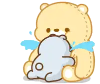 a teddy bear is hugging another teddy bear with water coming out of its mouth
