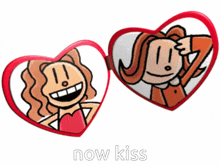 a pair of heart shaped mirrors with cartoon characters on them and the word now kiss below them