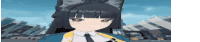 a cartoon girl with black hair and a cat ear is wearing a blue jacket and tie .
