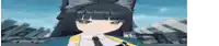 a cartoon girl with black hair and a cat ear is wearing a blue jacket and tie .