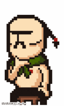 a pixel art drawing of a man with a scarf around his neck and the letter h on his face