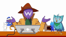 a cartoon of a man with a purple head with a w on it