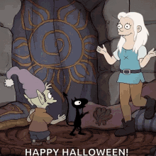 a cartoon character says happy halloween while standing next to a devil