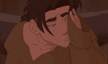 a close up of a cartoon character covering his face with his hand