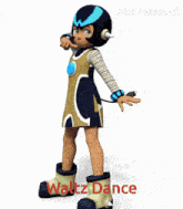 a cartoon character is dancing with the words waltz dance written below her