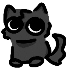 a black cat with big eyes and a tail is sitting down .