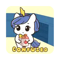 a cartoon of a unicorn holding a bottle of apple juice and the word confused below it
