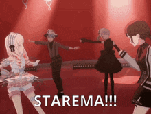 a group of anime characters are dancing on a stage and the word starema is written on the bottom