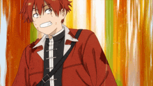 a man with red hair is wearing a red jacket and white shirt