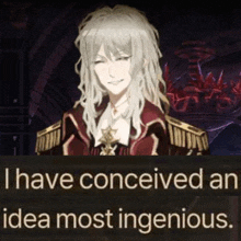 a man with long white hair is smiling in a video game and says `` i have conceived an idea most ingenious . ''