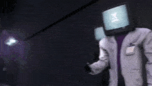a man in a lab coat has a tv on his head with a sad face