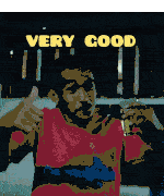 a man in a red shirt is giving a thumbs up with the words very good behind him