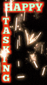 a sign that says happy tasting is surrounded by fireworks