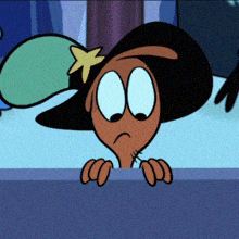 a cartoon character with a star on her hat is looking over a wall