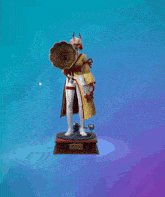 a statue of a man in a kimono holding a phonograph against a blue background