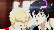 a couple of anime characters are standing next to each other and one of them has the word sirestri on his head