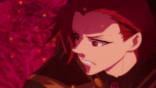a close up of a red haired anime character with red eyes