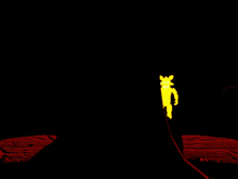 a yellow cartoon character with big teeth stands in the dark