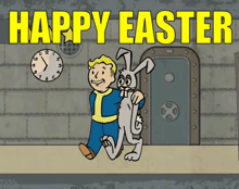 a cartoon of a man holding a bunny with the words happy easter written above him