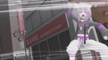 a girl is standing in front of the game amusement arcade