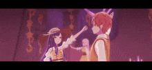 a boy and a girl are standing next to each other in a room with a purple background .
