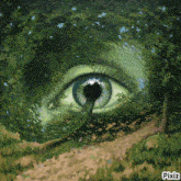 a painting of a woman 's eye surrounded by trees with pixiz written on the bottom right