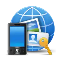 a globe with a picture of a man and a cell phone and a key in front of it