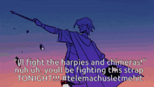 a pixel art drawing of a man and a woman with the caption " ill fight the harpies and chimeras "