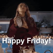 a woman is pouring a drink into a martini glass with the words happy friday written on the bottom