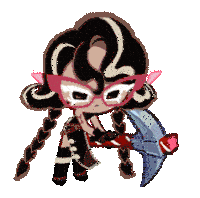 a cartoon girl with braids is holding a pickaxe .