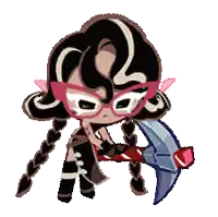 a cartoon girl with braids is holding a pickaxe .