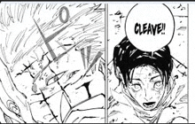a black and white drawing of a man holding a sword and a speech bubble that says `` cleave '' .