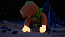 a cartoon character with a green scarf around his neck has glowing gloves on
