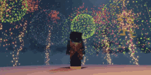 a person standing in front of a fireworks display in a video game