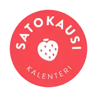 a red circle with a white strawberry in the center and the words satokausi kalenderi