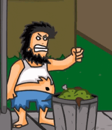 a cartoon drawing of a man standing next to a trash can