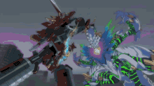 a cartoon drawing of a robot fighting another robot with a sword