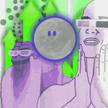 a cartoon drawing of a man wearing 3d glasses holding a moon