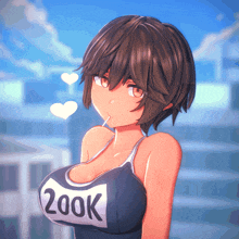 a girl in a swimsuit with the number 200k on her chest