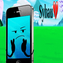 a cell phone with a sad face on the screen and sybau written in red